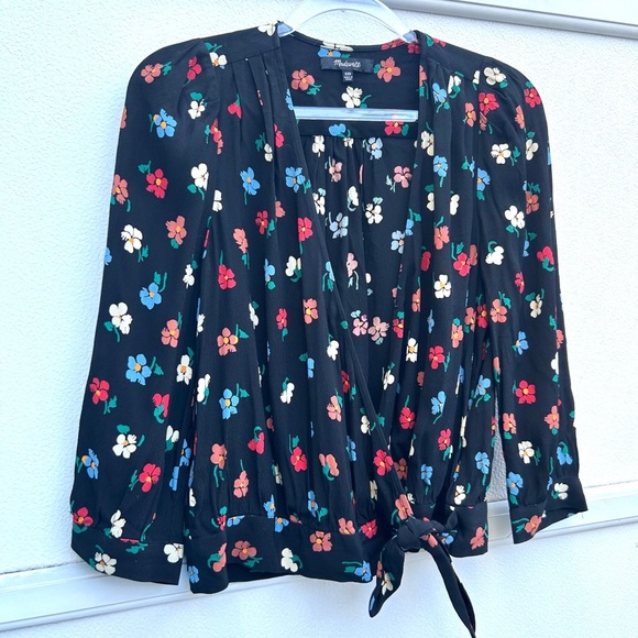 Madewell floral wrap shirt XXS black multi colorful cropped top party classic - Picture 5 of 13